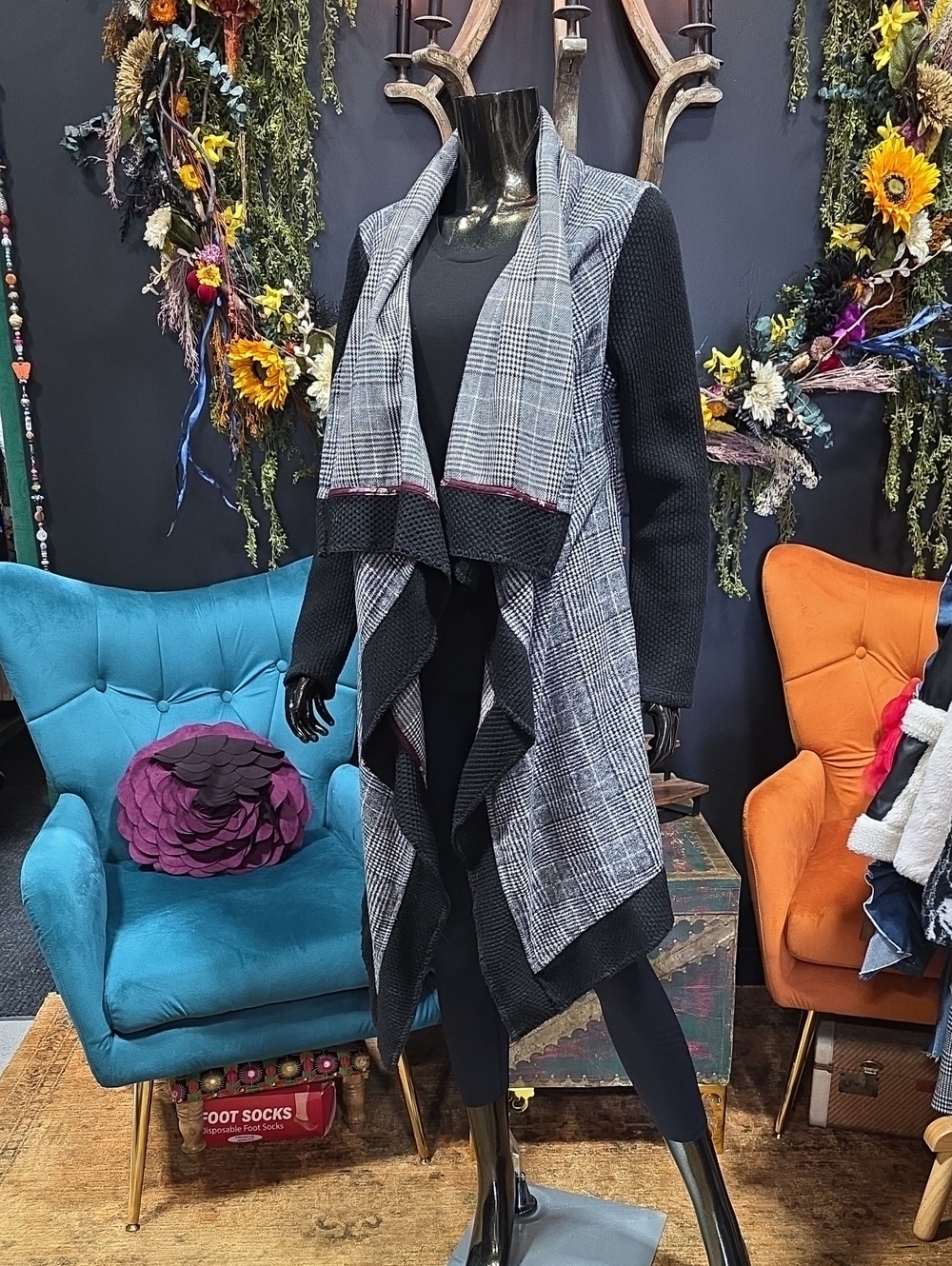 Aratta Plaid Draped Open-Front Cardigan Sweater w/ Various Knits & Pockets